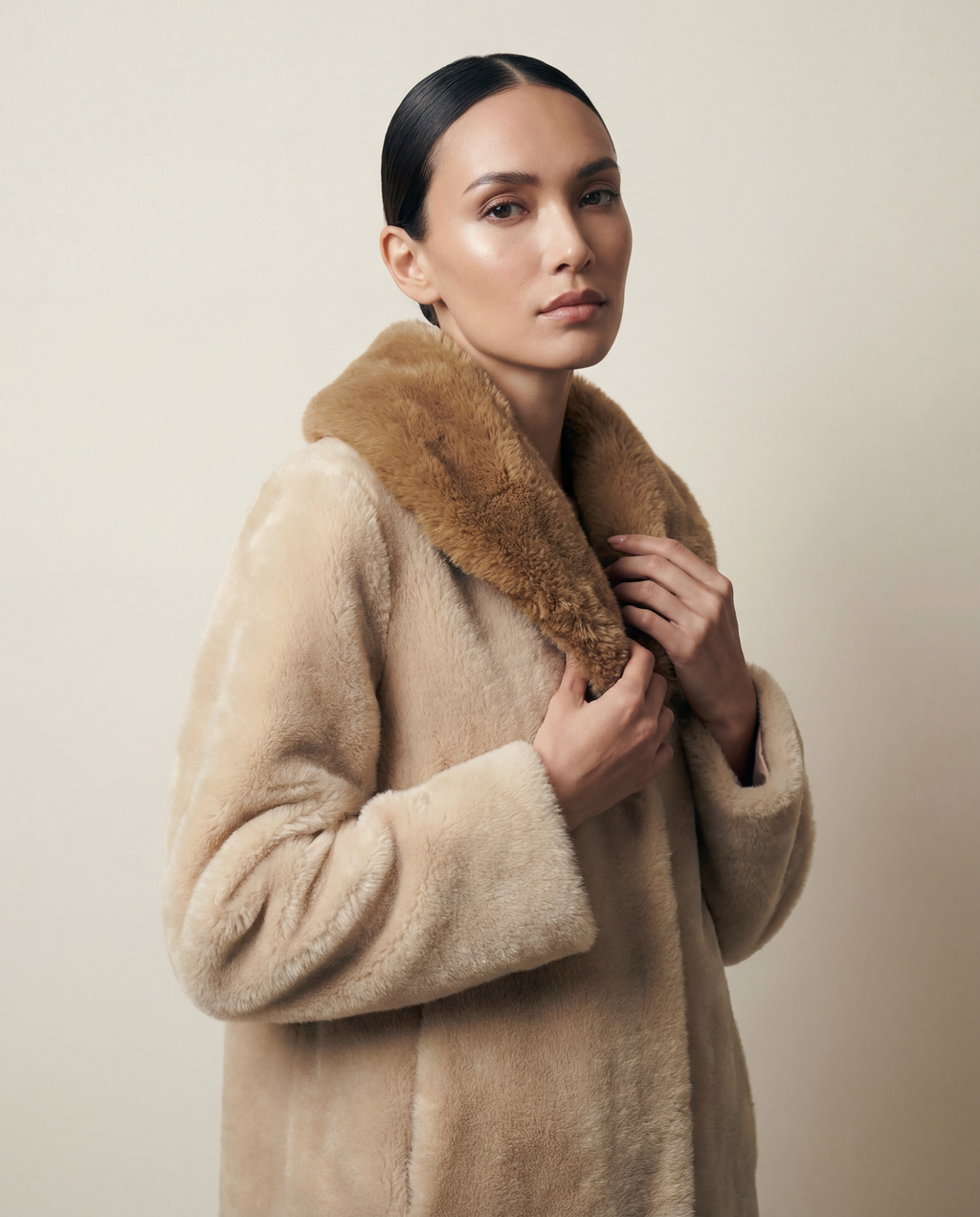 Manteau long femme en fausse fourrure vegan crème, texture douce et soyeuse, large col effet shearling enveloppant, coupe fluide élégante, confection artisanale parisienne MQV Paris.