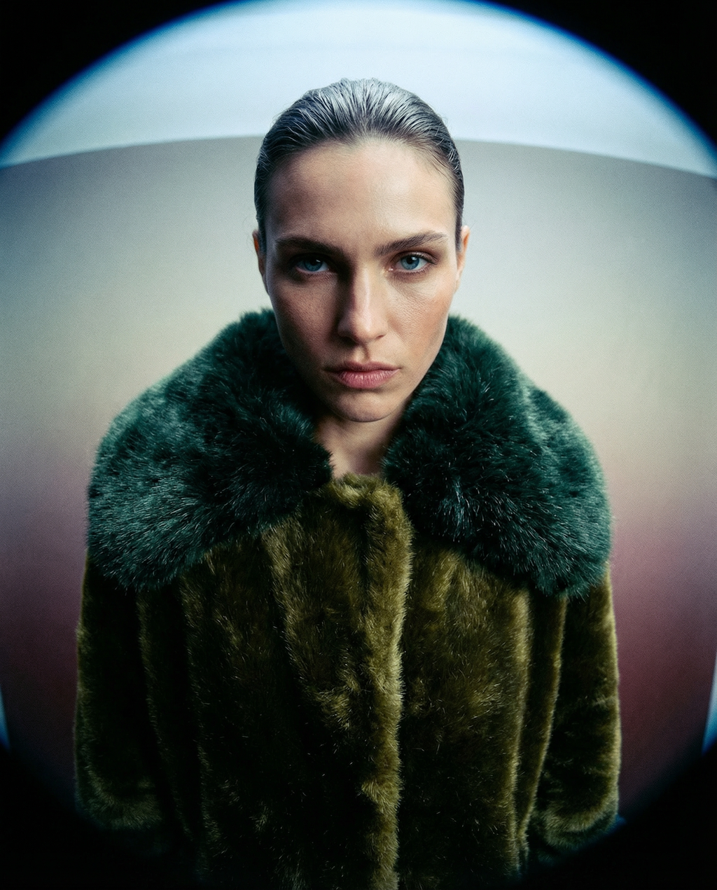 Manteau long femme en fausse fourrure vegan vert profond, poils courts brillants, col et poignets oversize contrastés, coupe droite structurée, confection artisanale parisienne MQV Paris.