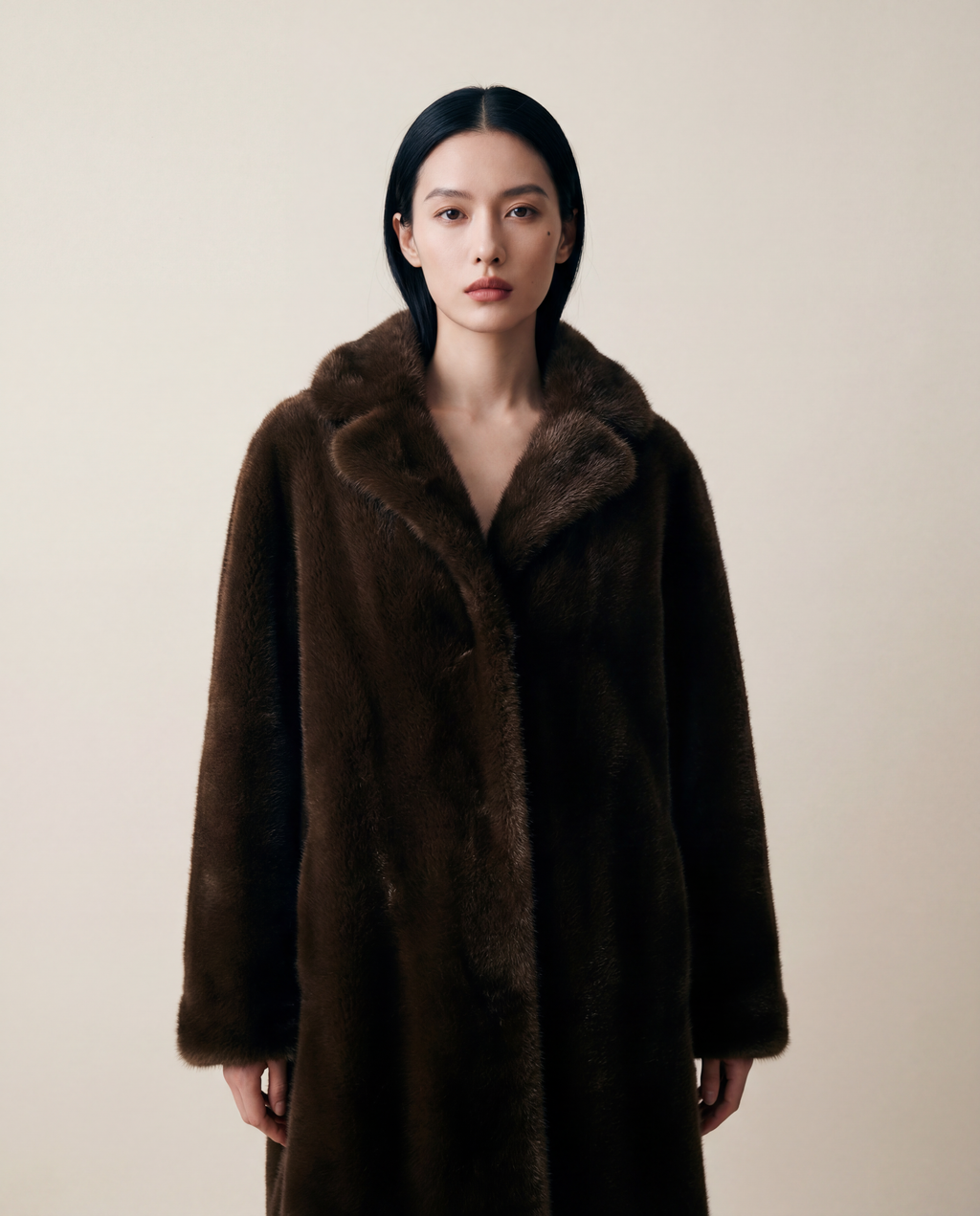 Manteau hiver femme en fausse fourrure vegan chocolat, coupe droite mi-cuisses, poils courts brillants, col ouvert, fabrication artisanale parisienne MQV Paris.