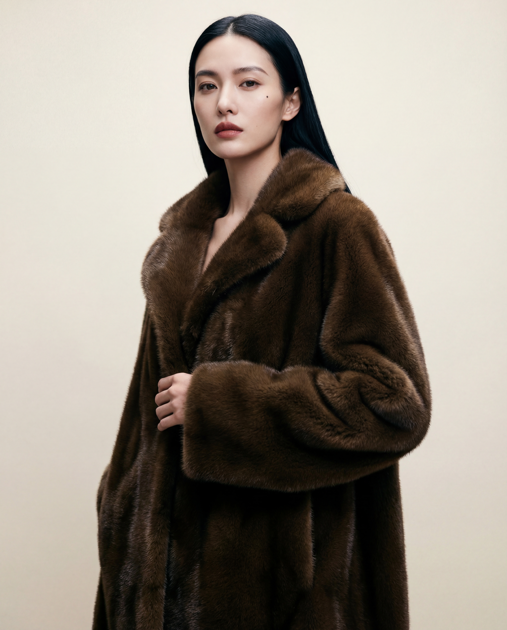 Manteau hiver femme en fausse fourrure vegan chocolat, coupe droite mi-cuisses, poils courts brillants, col ouvert, fabrication artisanale parisienne MQV Paris.